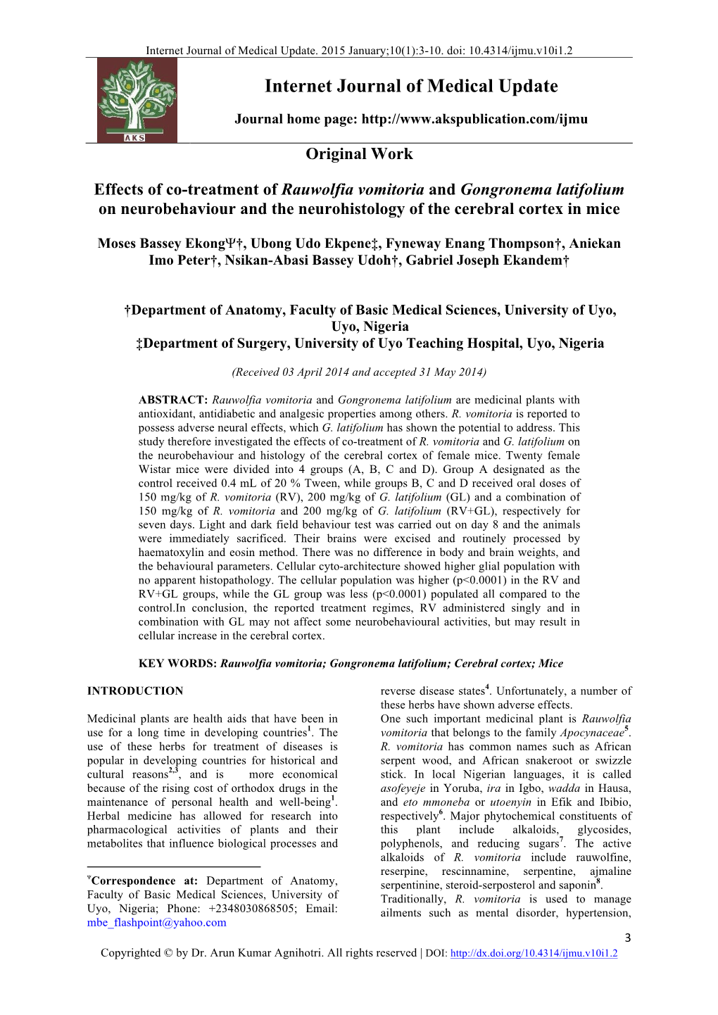 Effects of Co-Treatment of Rauwolfia Vomitoria and Gongronema Latifolium on Neurobehaviour and the Neurohistology of the Cerebral Cortex in Mice