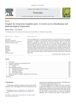 Tongkat Ali (Eurycoma Longifolia Jack): a Review on Its Ethnobotany and Pharmacological Importance