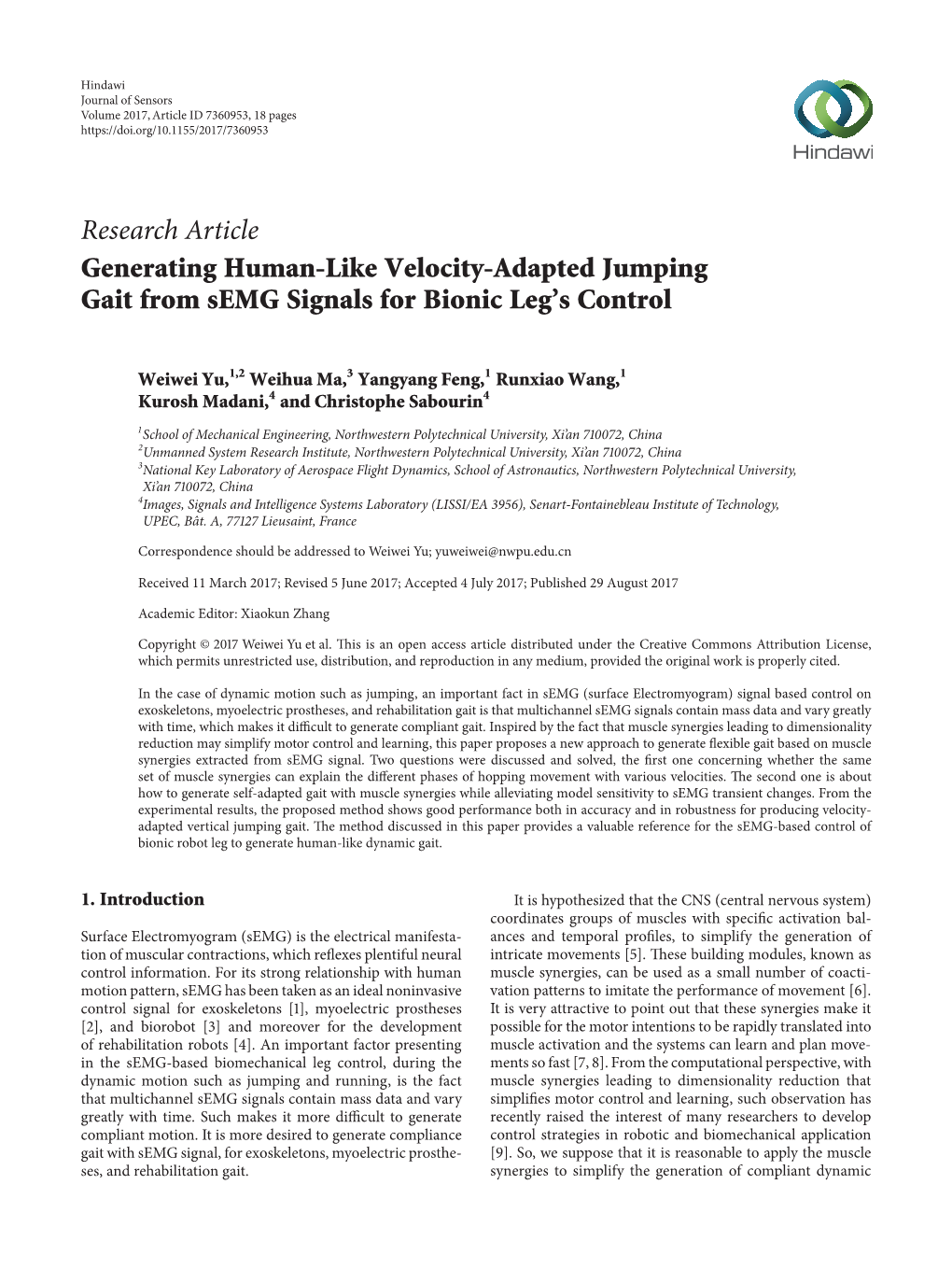 Research Article Generating Human-Like Velocity-Adapted Jumping Gait from Semg Signals for Bionic Leg’S Control