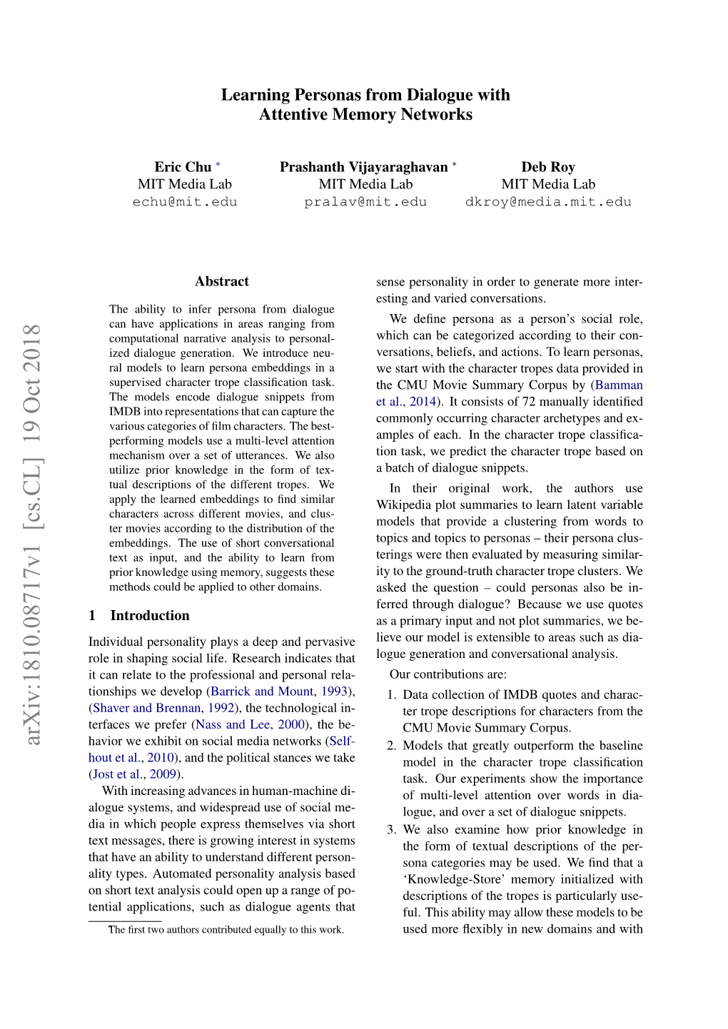 Learning Personas from Dialogue with Attentive Memory Networks