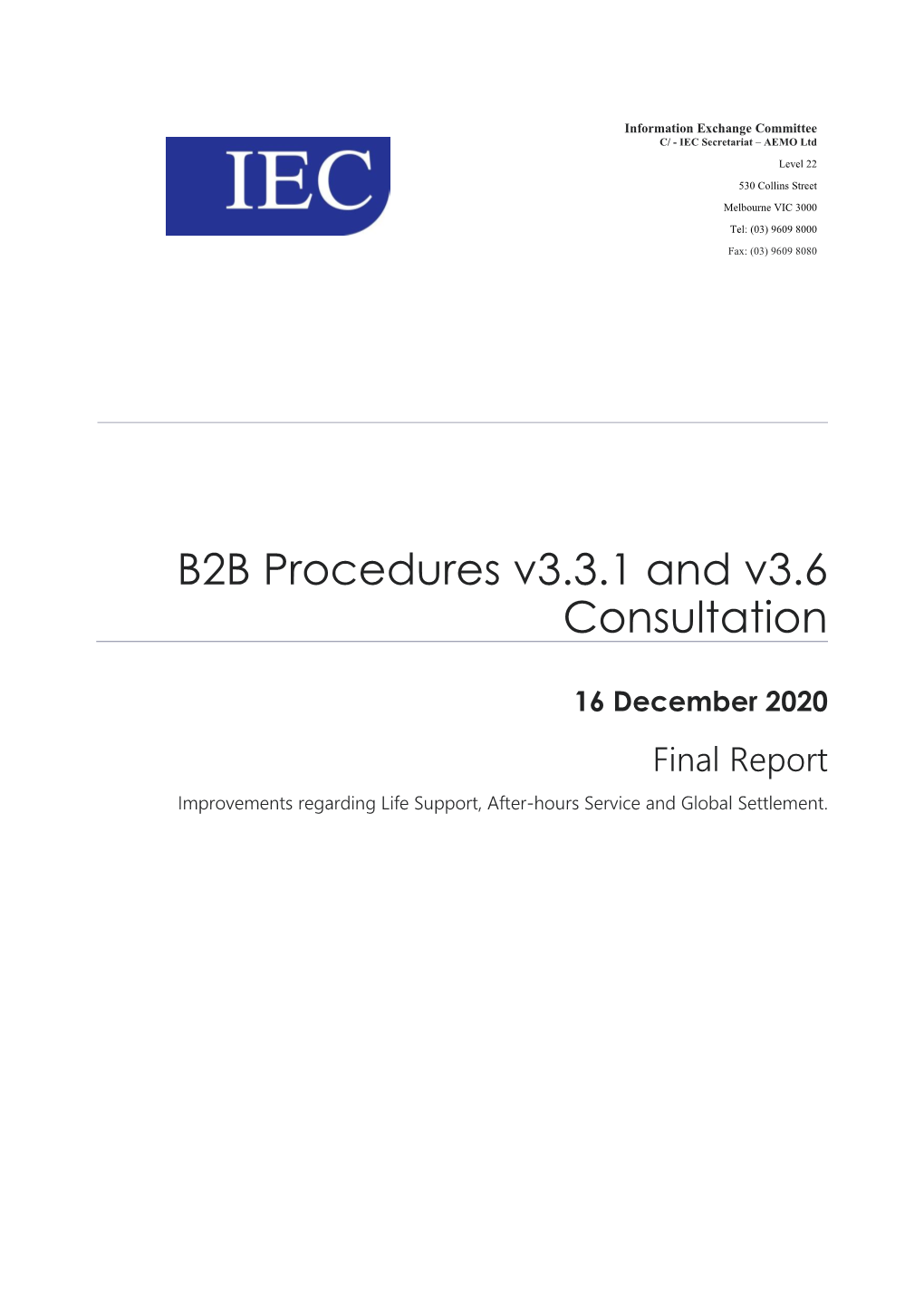 B2B Procedures V3.3.1 and V3.6 Consultation
