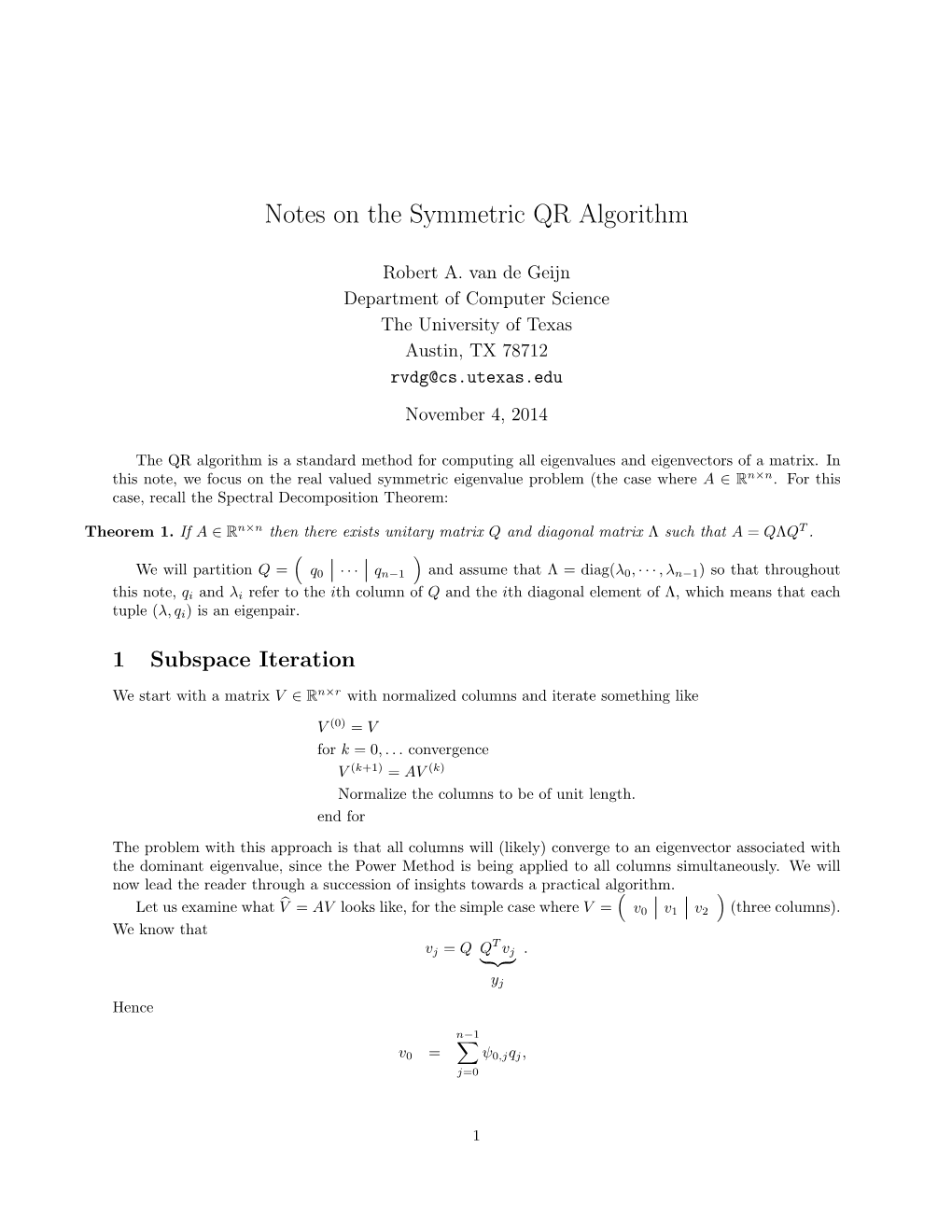 Notes on the Symmetric QR Algorithm