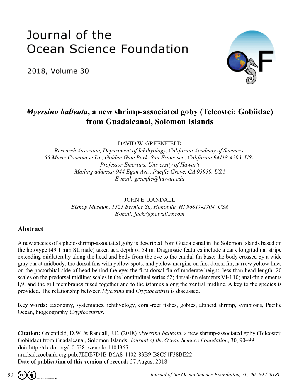 Myersina Balteata, a New Shrimp-Associated Goby (Teleostei: Gobiidae) from Guadalcanal, Solomon Islands