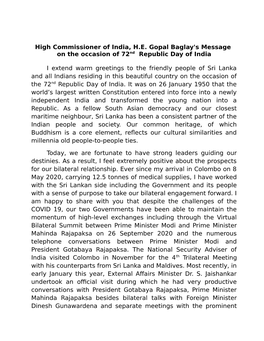 High Commissioner of India, H.E. Gopal Baglay's Message on the Occasion of 72Nd Republic Day of India