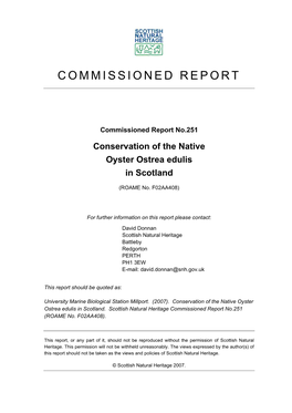Conservation of the Native Oyster Ostrea Edulis in Scotland