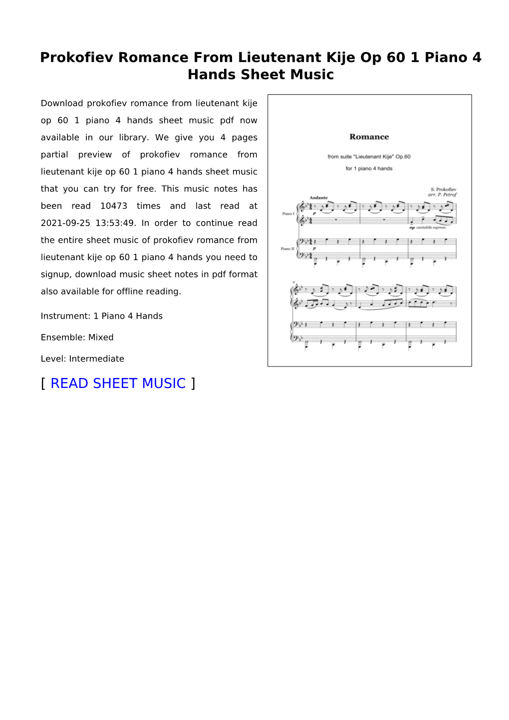 Prokofiev Romance from Lieutenant Kije Op 60 1 Piano 4 Hands Sheet Music