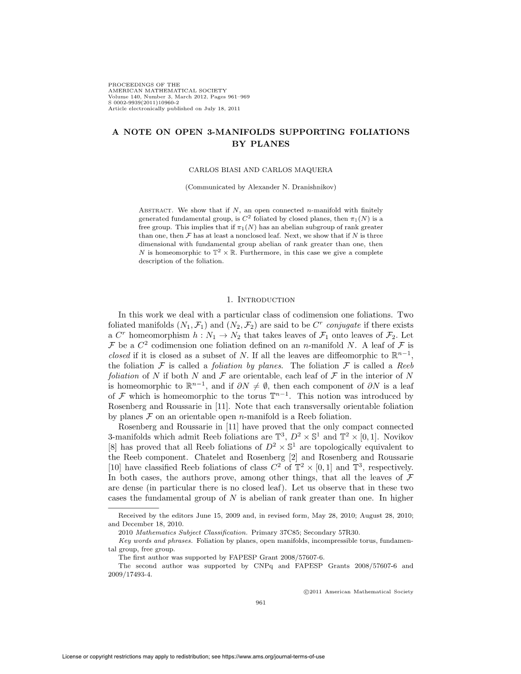 A Note on Open 3-Manifolds Supporting Foliations by Planes