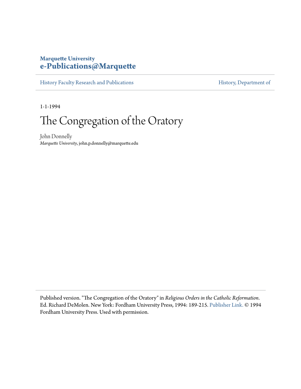 The Congregation of the Oratory John Patrick Donnelly, S.J