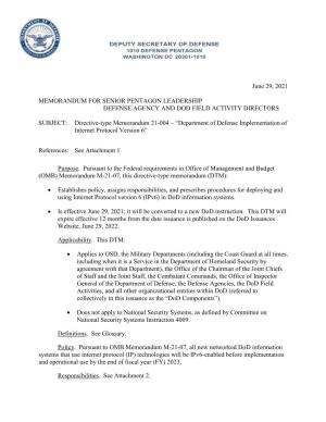 DOD Memorandum: Department of Defense Implementation of Internet