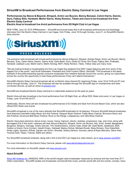 Siriusxm to Broadcast Performances from Electric Daisy Carnival in Las Vegas