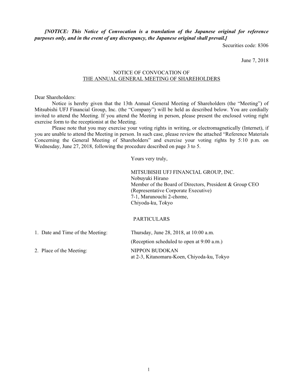 Notice of Convocation of the Annual General Meeting of Shareholders