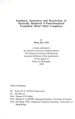 Functionalized Transition Metal Alkyl Complexes