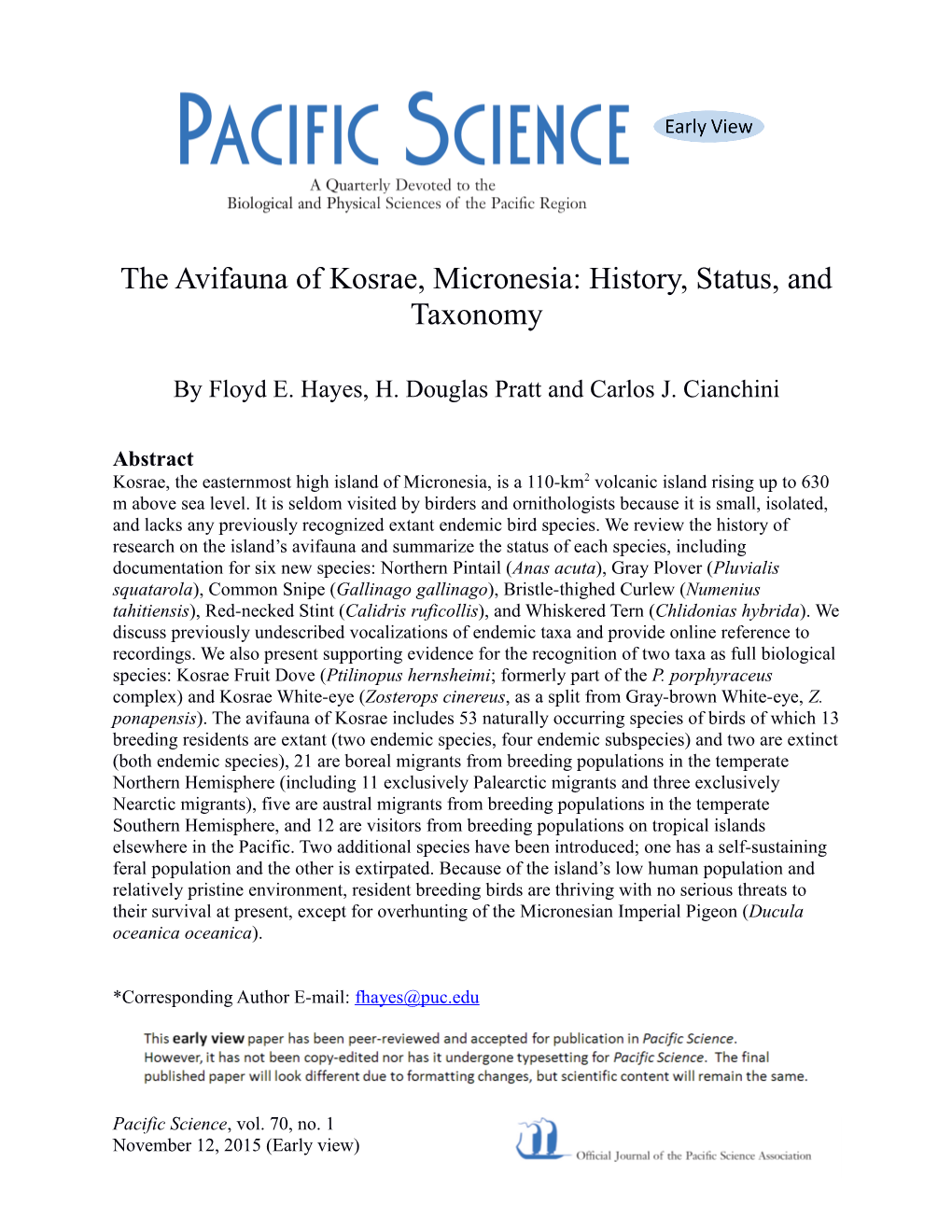 The Avifauna of Kosrae, Micronesia: History, Status, and Taxonomy