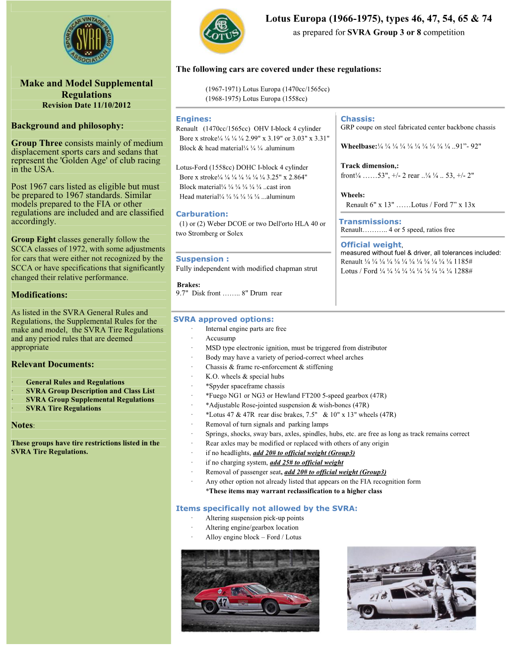 Europa (1966-1975), Types 46, 47, 54, 65 & 74 As Prepared for SVRA Group 3 Or 8 Competition