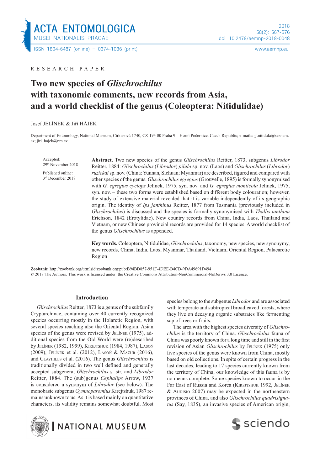 Jelínek Josef, Hájek Jiří Two New Species of Glischrochilus with Taxonomic Comments, New Records from Asia