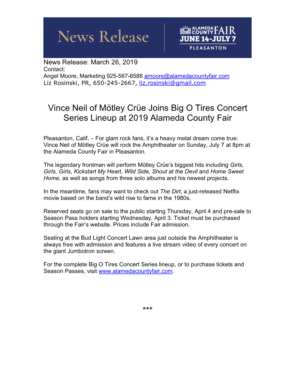 Vince Neil of Mötley Crüe Joins Big O Tires Concert Series Lineup at