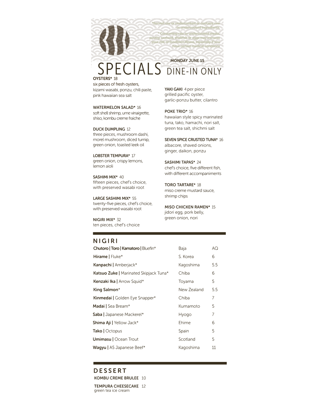 Specials Dine-In Only