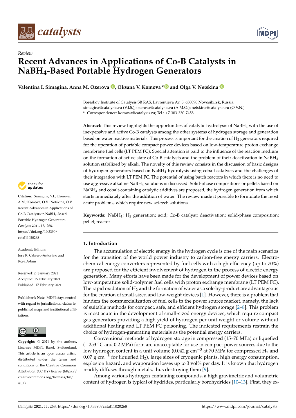 Recent Advances in Applications of Co-B Catalysts in Nabh4-Based Portable Hydrogen Generators