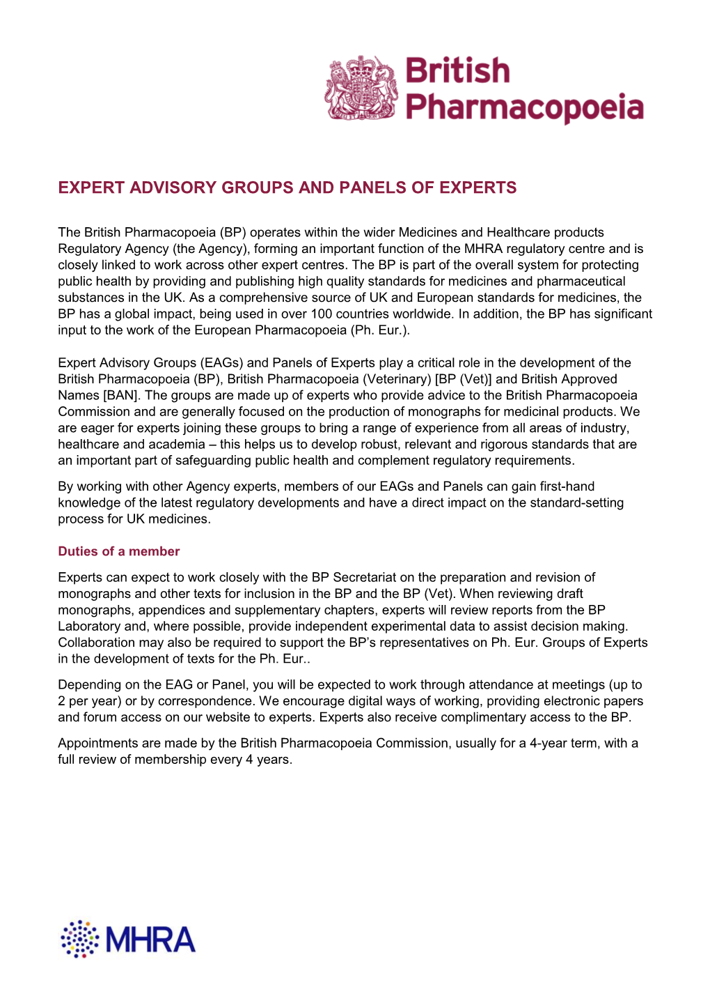 Expert Advisory Groups and Panels of Experts