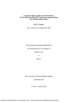 Canadian Indians and the Second World War: the Pivotal Event of the 20Th Century for Canadian Indians and Canadian Indian Policy?