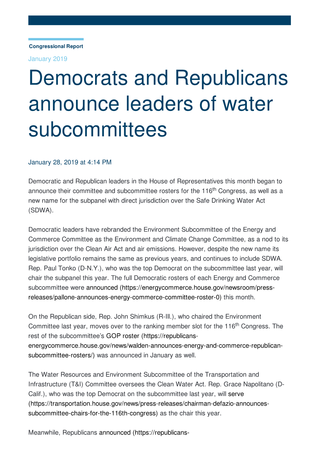 Democrats and Republicans Announce Leaders of Water Subcommittees