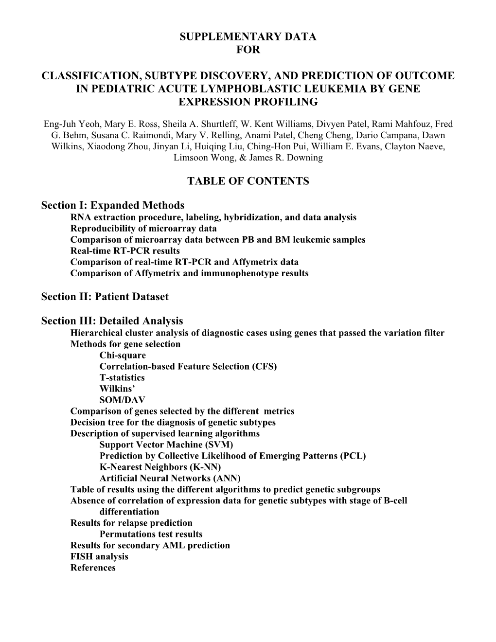 Supplementary Data for Classification, Subtype