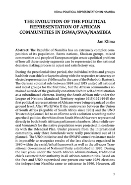The Evolution of the Political Representation of African Communities in Dswa/Swa/Namibia