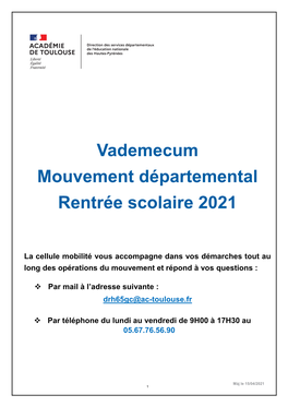 Vademecum Mouvement Départemental Rentrée Scolaire 2021