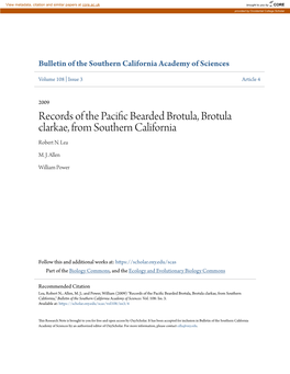 Records of the Pacific Bearded Brotula, Brotula Clarkae, from Southern California Robert N