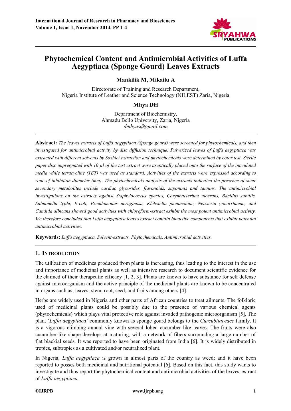 Phytochemical Content and Antimicrobial Activities of Luffa Aegyptiaca (Sponge Gourd) Leaves Extracts