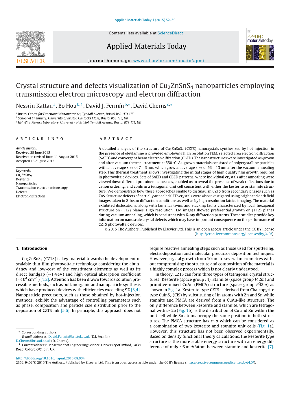 Crystal Structure and Defects Visualization of Cu2znsns4 Nanoparticles Employing