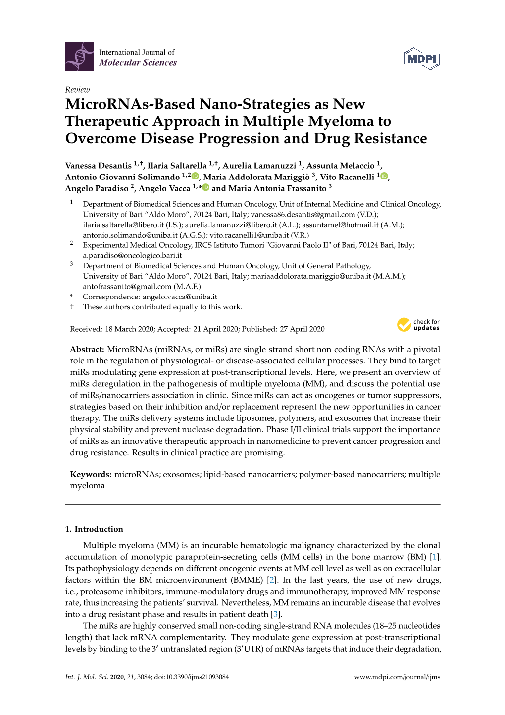 Micrornas-Based Nano-Strategies As New Therapeutic Approach in Multiple Myeloma to Overcome Disease Progression and Drug Resistance