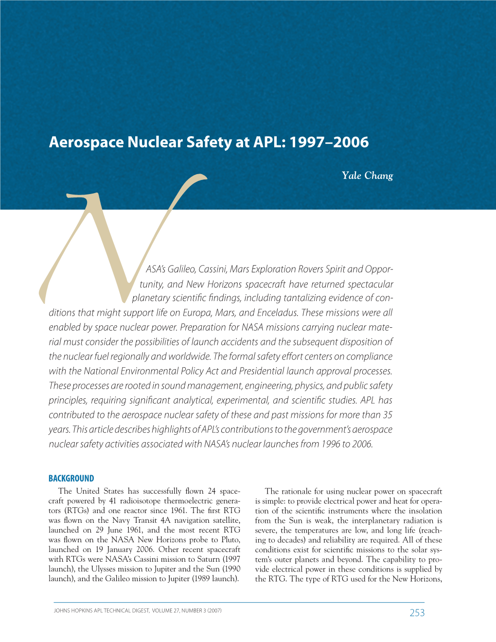 Aerospace Nuclear Safety at Apl: 1997­–2006