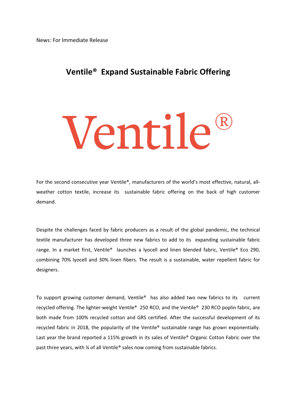 Ventile® Expand Sustainable Fabric Offering