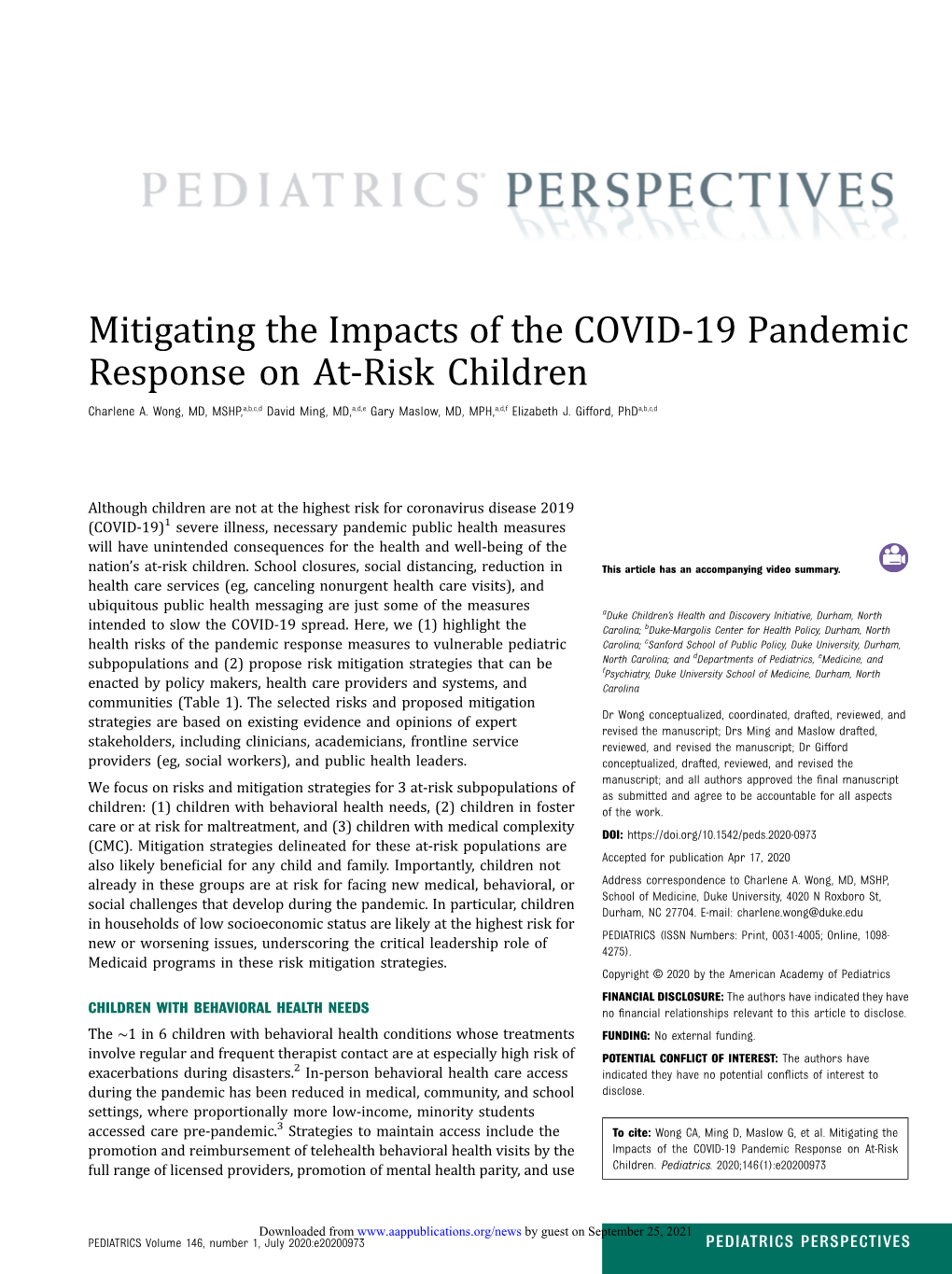 Mitigating the Impacts of the COVID-19 Pandemic Response on At-Risk Children Charlene A