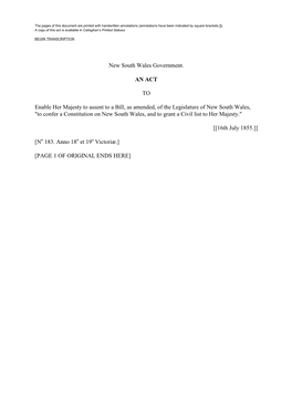 New South Wales Constitution Act 1855 (UK) [Transcript