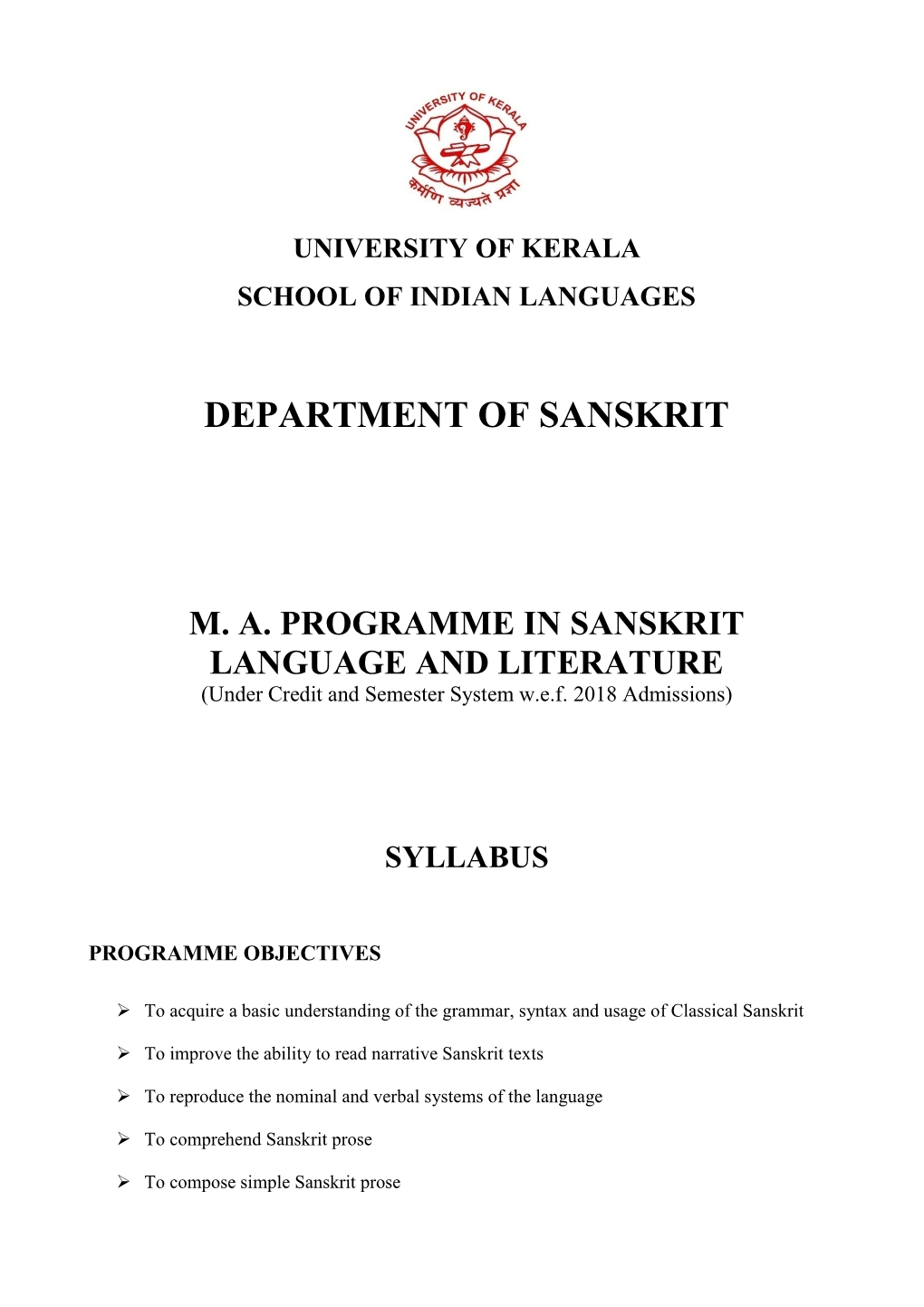 SANSKRIT LANGUAGE and LITERATURE (Under Credit and Semester System W.E.F