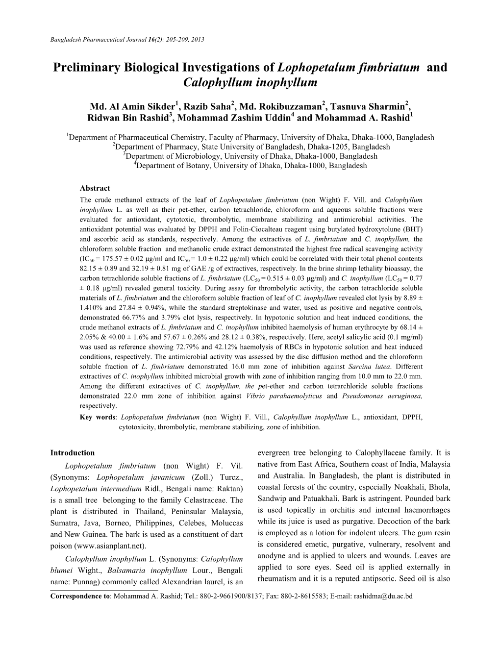 Preliminary Biological Investigations of Lophopetalum Fimbriatum and Calophyllum Inophyllum