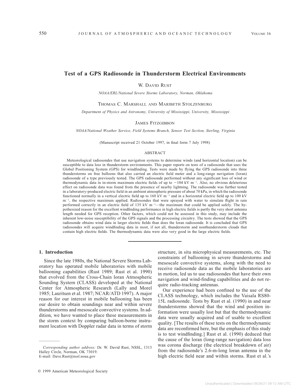 Test of a GPS Radiosonde in Thunderstorm Electrical Environments