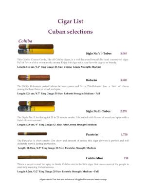 Cigar List Cuban Selections