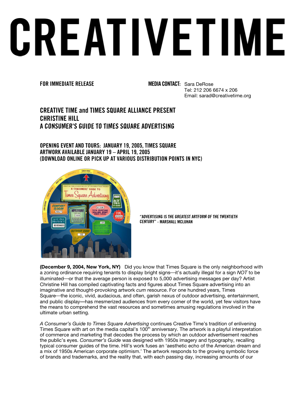 CREATIVE TIME and TIMES SQUARE ALLIANCE PRESENT CHRISTINE HILL a CONSUMER’S GUIDE to TIMES SQUARE ADVERTISING