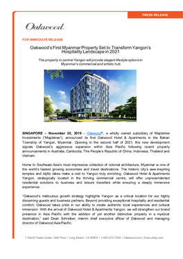 Oakwood's First Myanmar Property Set to Transform Yangon's