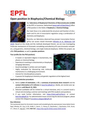 Open Position in Biophysics/Chemical Biology