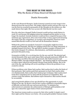 THE BEST IS the BEST: Why Hu Kexin of China Deserved Olympic Gold Dustin Newcombe