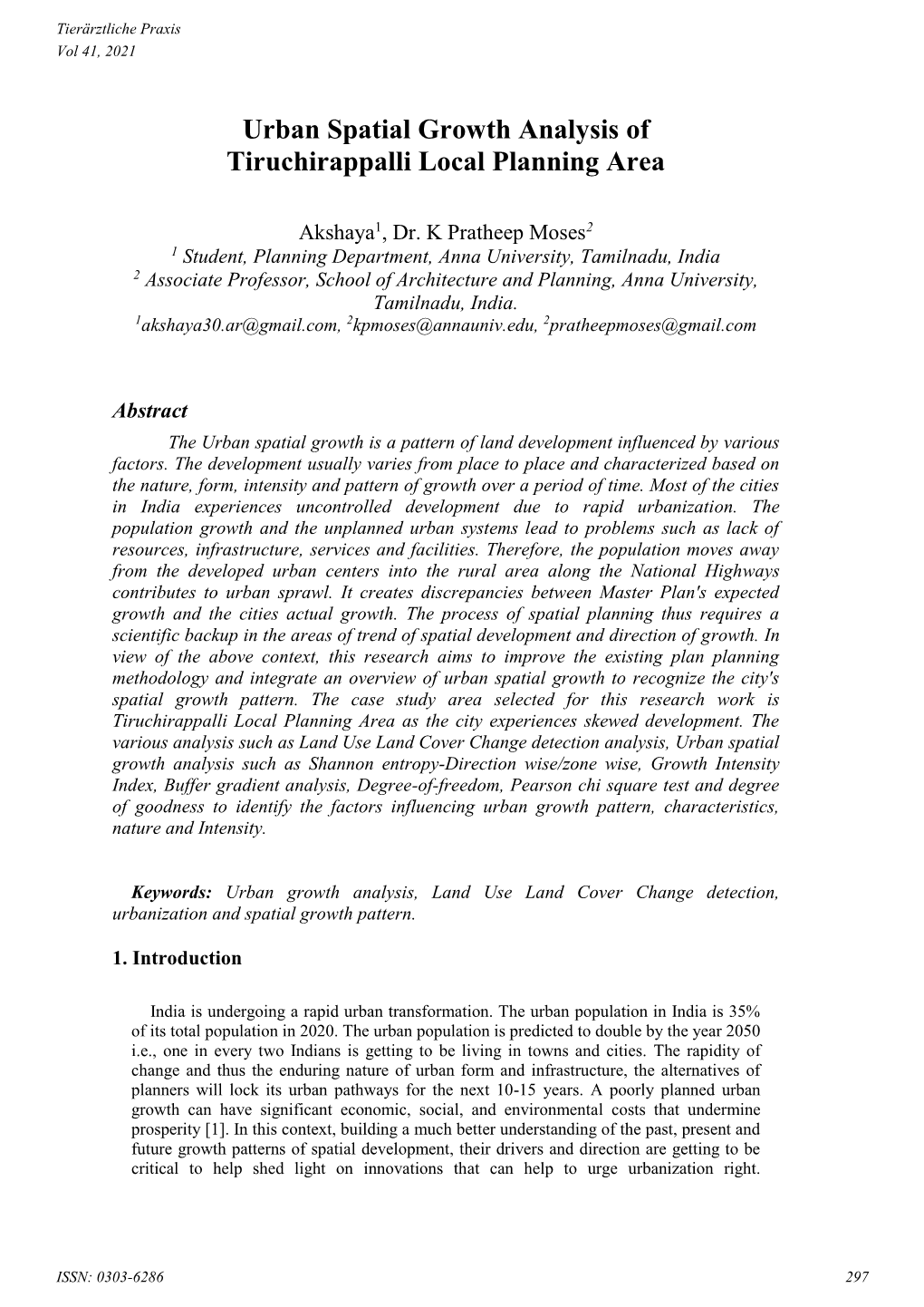 Urban Spatial Growth Analysis of Tiruchirappalli Local Planning Area