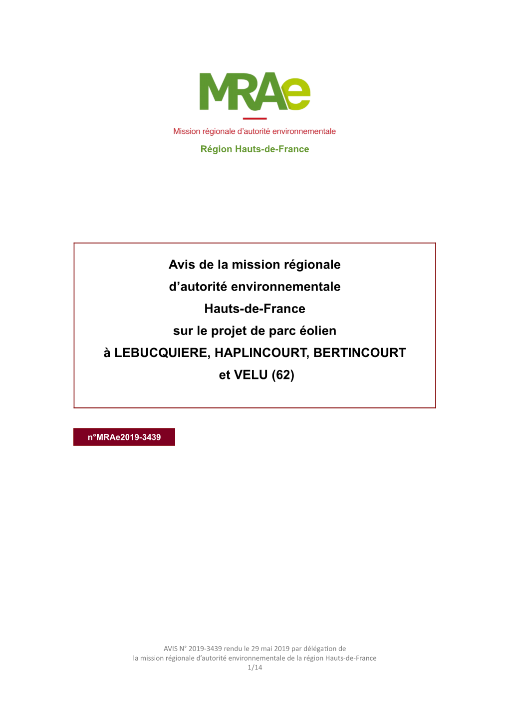 Avis De La Mission Régionale D'autorité Environnementale Hauts-De-France