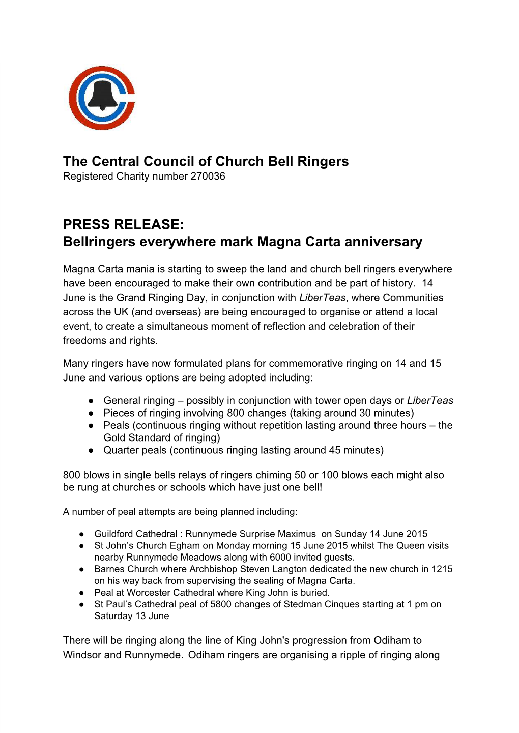 The Central Council of Church Bell Ringers PRESS RELEASE