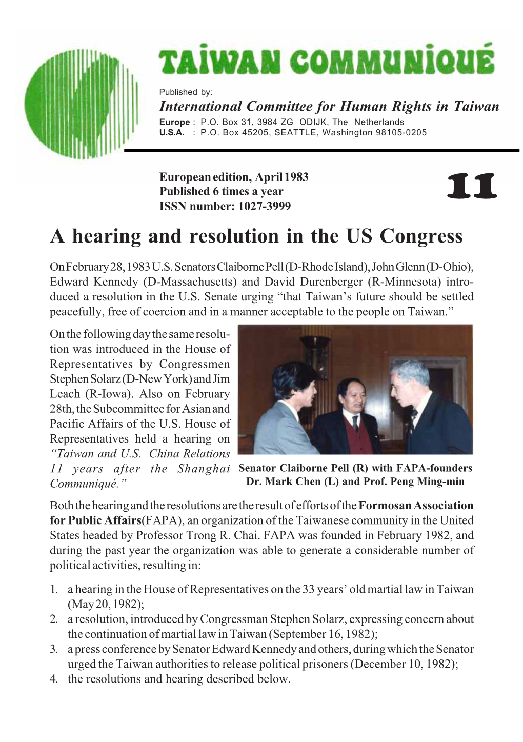 A Hearing and Resolution in the US Congress