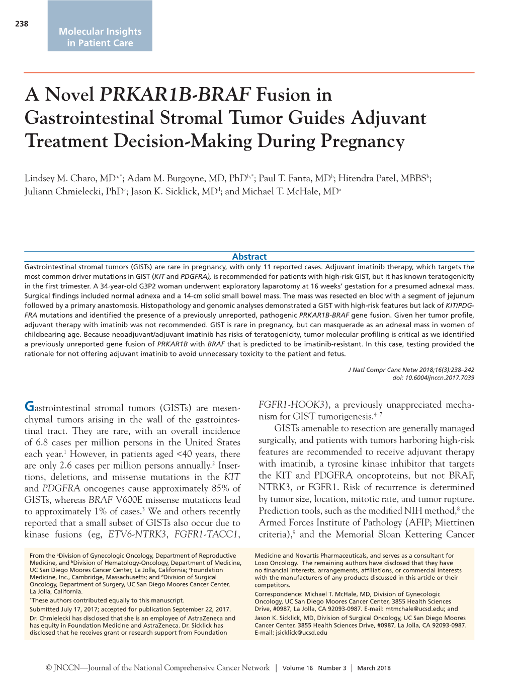 A Novel PRKAR1B-BRAF Fusion in Gastrointestinal Stromal Tumor Guides Adjuvant Treatment Decision-Making During Pregnancy