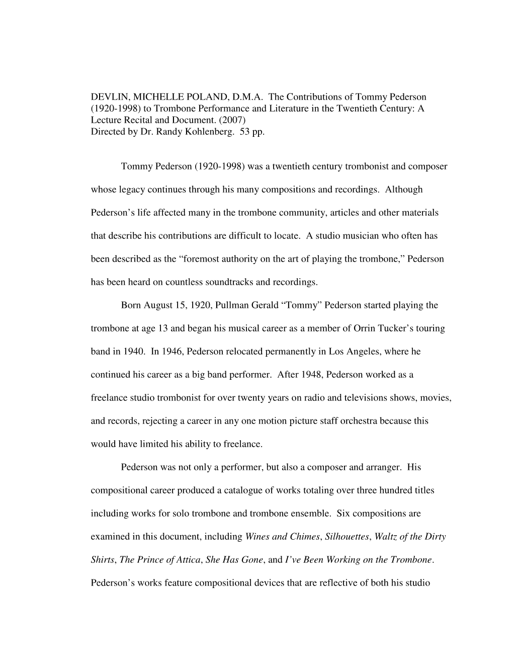 The Contributions of Tommy Pederson (1920-1998) to Trombone Performance and Literature in the Twentieth Century: a Lecture Recital and Document